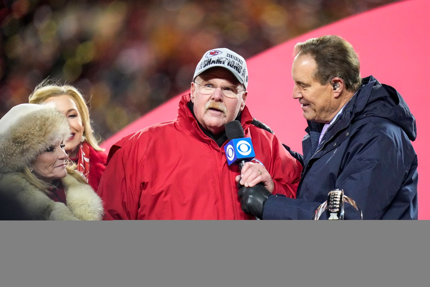 Jim Nantz interviews Chiefs head coach Andy Reid after the game.